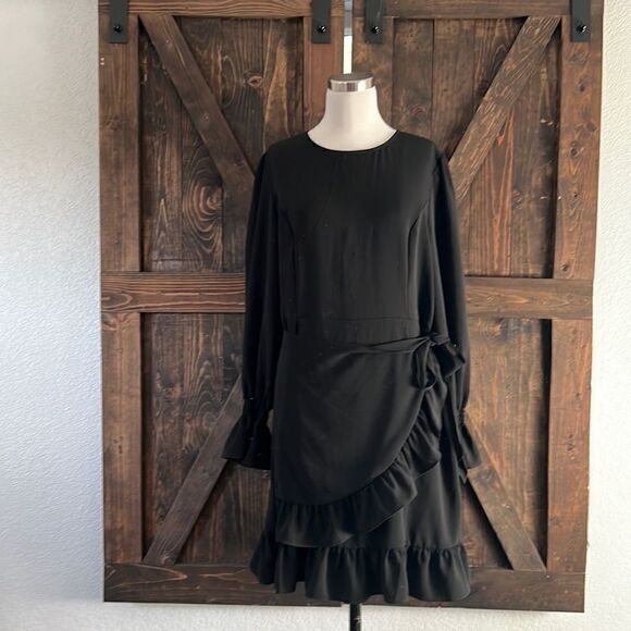 Long Sleeve Round Neck Ruffles Wrap Dresses Party Dress - Picture 2 of 10